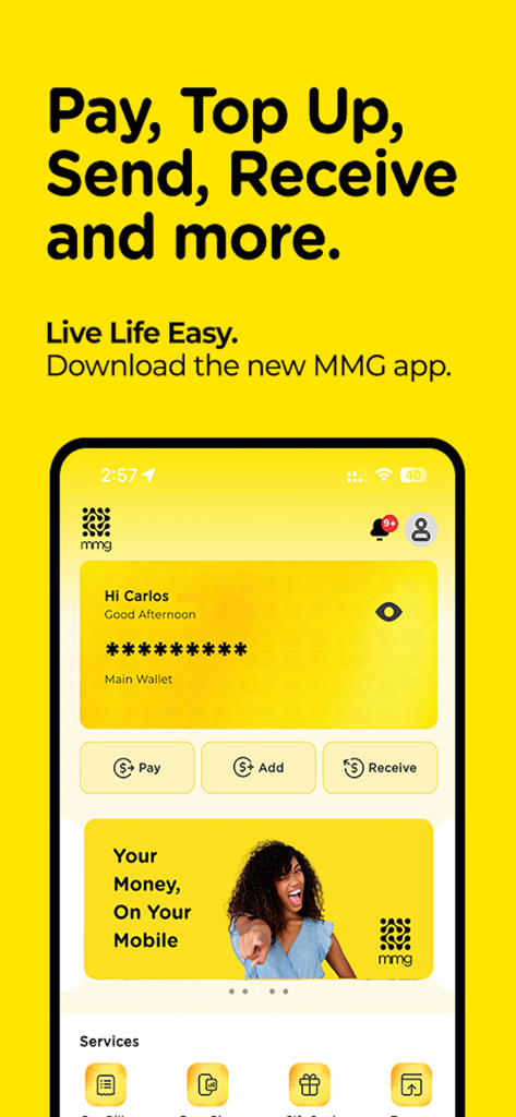 mmg Customer - mmg Customer app home screen showing options to pay top up send and receive money