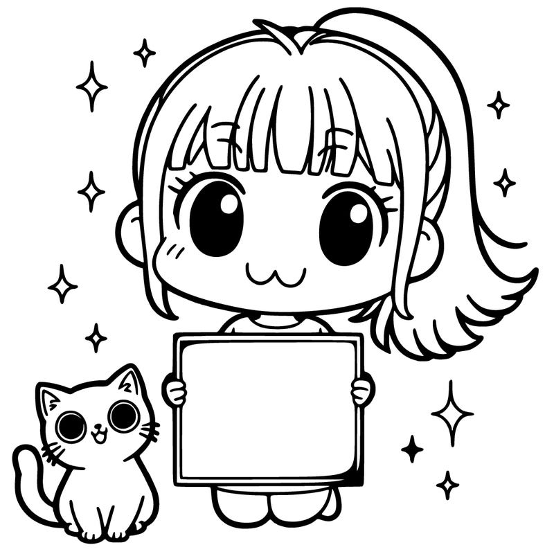 a girl with a ponytail and next to her is a small cat holding a  blank sign