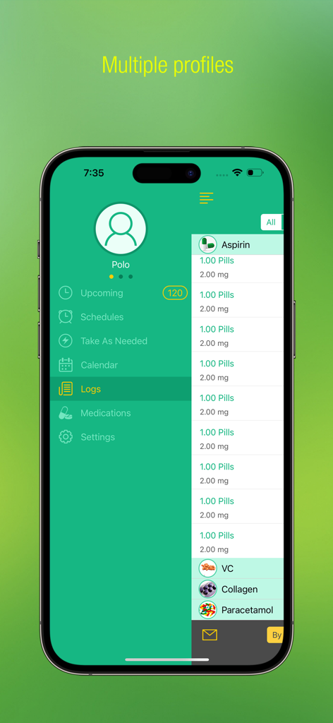 Pill Alert Pro - L'interface de l'application Pill Alert Pro affiche les journaux de médicaments et permet la gestion de plusieurs profils d'utilisateurs.