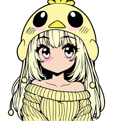anime girl with chick shaped hat with sweater with bare shoulders with bangs covering them one eye with low tail