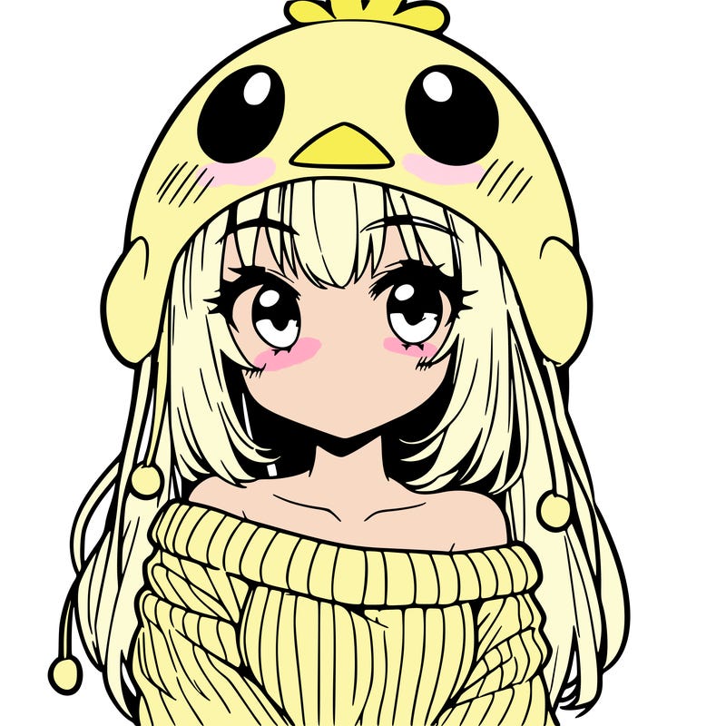 anime girl with chick shaped hat with sweater with bare shoulders with bangs covering them one eye with low tail