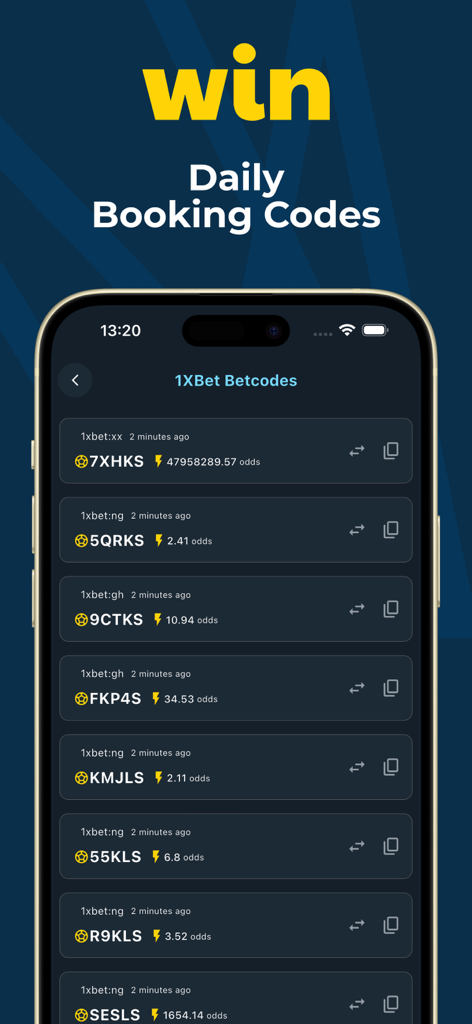 A smartphone screen displaying a list of daily 1XBet booking codes and betting odds within the Win 1x2 Betting tips app.