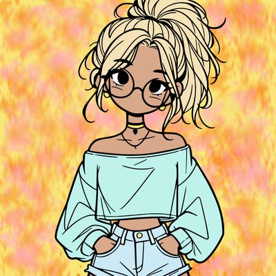 girl with a messy ponytail glasses a baggy crop top and jean shorts