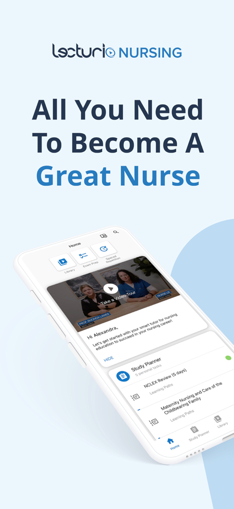 Écran d'accueil de l'application Lecturio Nursing montrant un planificateur d'études et des tâches de préparation au NCLEX sur un smartphone.