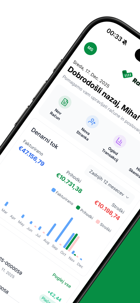 Račun123 - Panel de control de la app móvil Racun123 que muestra análisis de flujo de efectivo y accesos directos de facturación para emprendedores