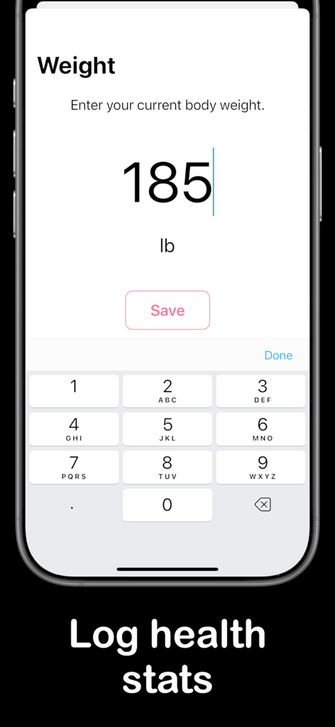 Body Stats: Body Tracking - Weight entry screen in the Body Stats app showing a numeric keypad to log body weight in pounds.
