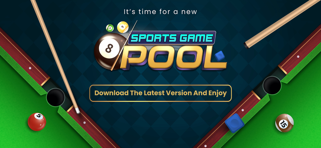 8 Ball Pool Online - Banner promocional del juego deportivo 8 Ball Pool Online con tacos y bolas de billar