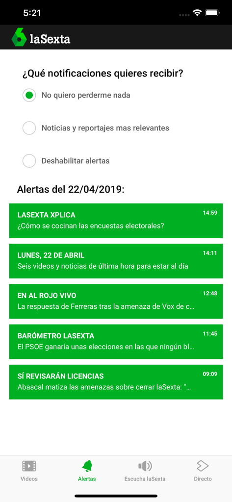Notification settings and news alerts history in the laSexta mobile app