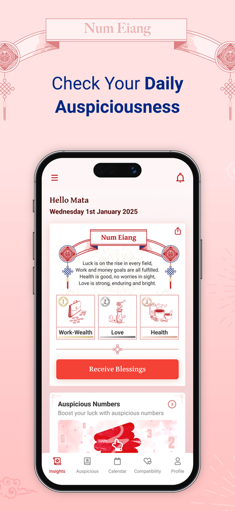 Num Eiang app daily insights screen showing auspiciousness ratings for work wealth love and health