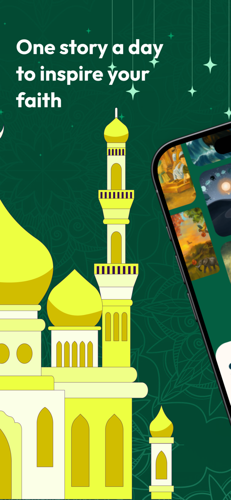 Prophet's Stories (PBUT) - Pantalla promocional ilustrada para la aplicación Historias de Profetas con una mezquita y texto de inspiración de fe