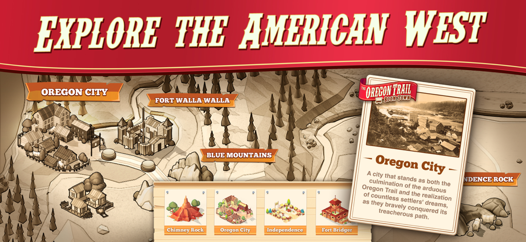 The Oregon Trail: Boom Town - Map of the American West featuring historical locations like Oregon City and Fort Walla Walla in The Oregon Trail Boom Town game.
