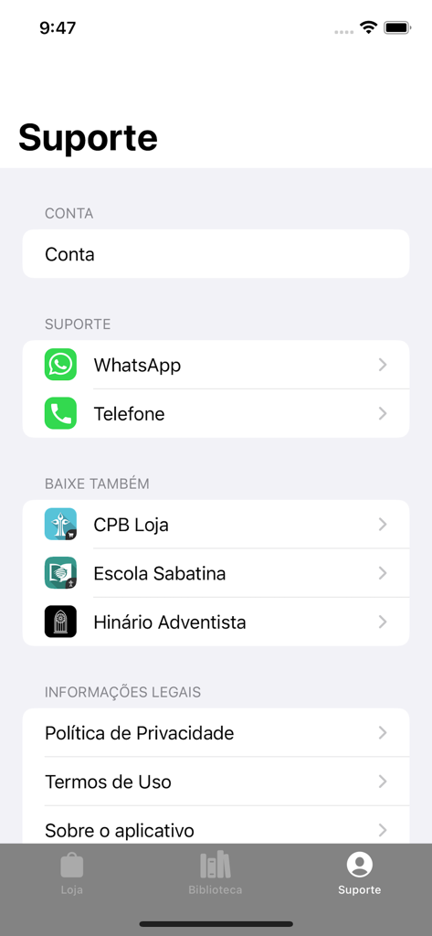 CPB Books - A interface de suporte do aplicativo móvel CPB Livros com configurações de conta, opções de contato e links para outros aplicativos Adventistas.