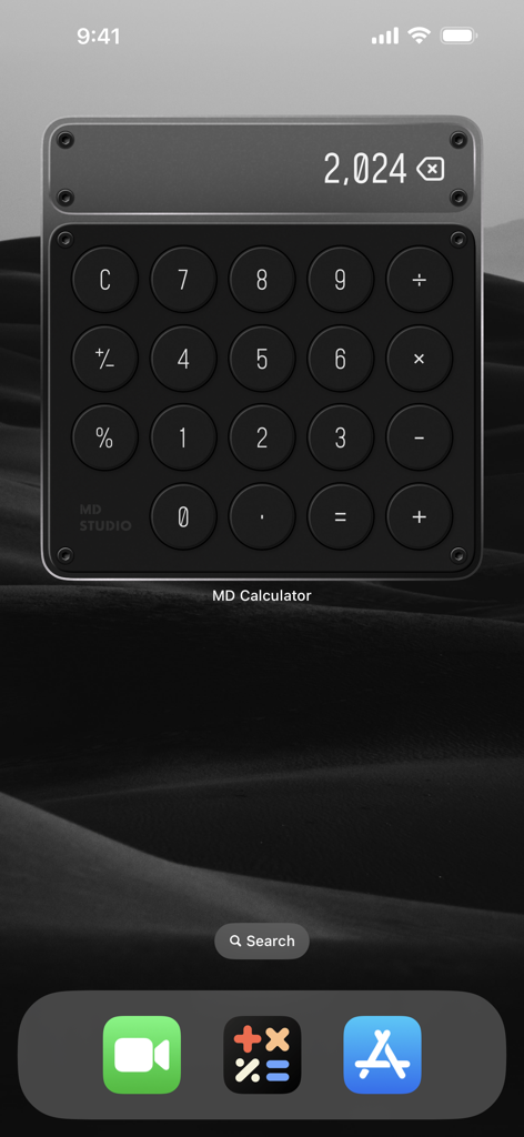 MD Calculator - MD Calculator interactive home screen widget with a dark skeuomorphic design.