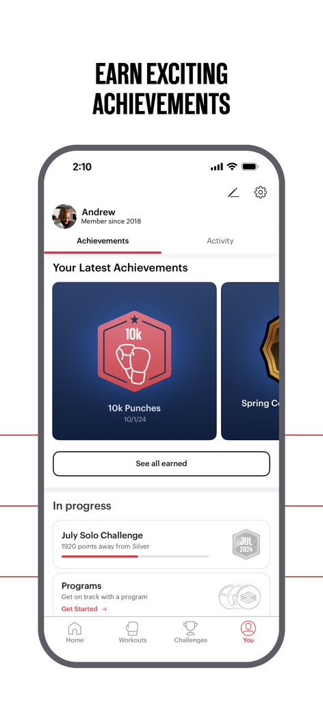 FightCamp app user profile screen showing boxing achievement badges and progress milestones