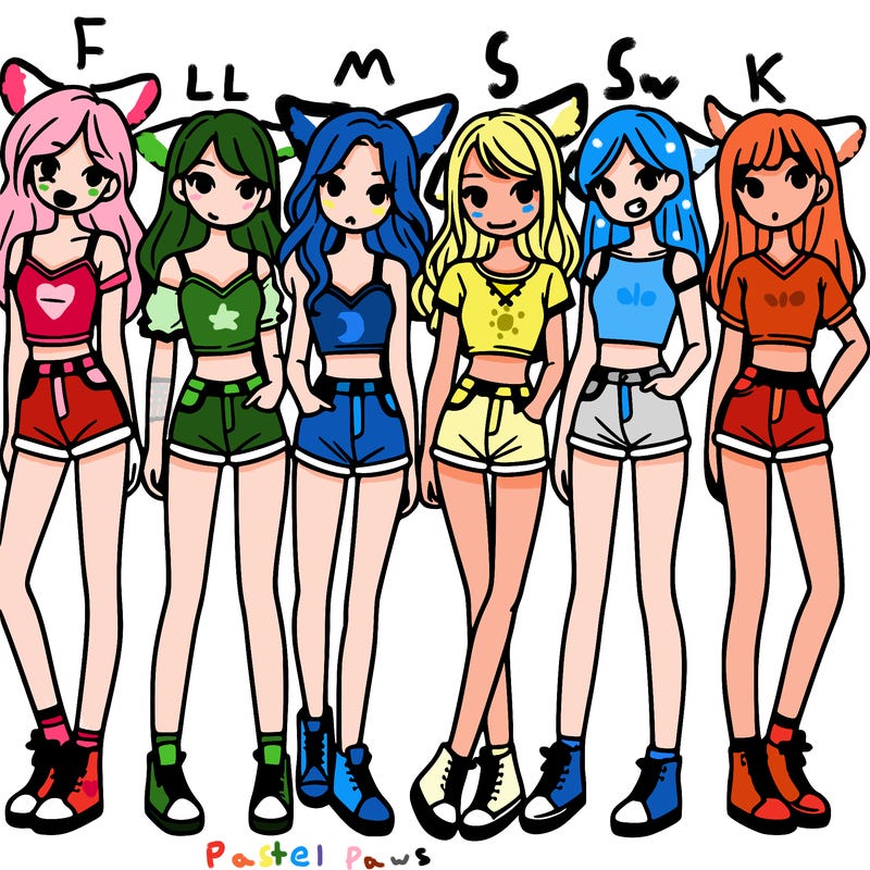 a group of girls wearing crop tops and shorts