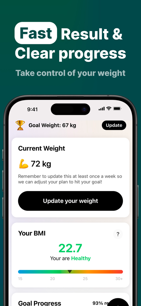 CALO #1 Cal & AI Food Tracker - CALO app dashboard showing current weight and healthy BMI score