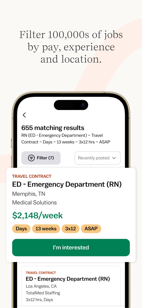 Vivian - Find Healthcare Jobs - Interfaz de la aplicación móvil que muestra los resultados de búsqueda de empleo de enfermería con filtros de pago y ubicación