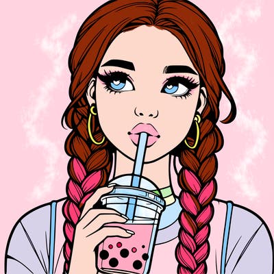 realistic girl with braided hair drinking boba