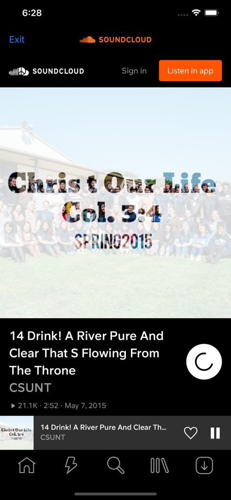 Hymns Mobile - SoundCloud music player interface within the Hymns Mobile app playing a Christian hymn