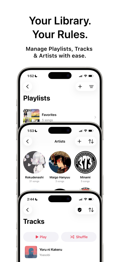 Tuneo: Offline Music Player - Capturas de tela da interface do aplicativo Tuneo exibindo o gerenciamento da biblioteca de música, incluindo playlists, artistas e faixas