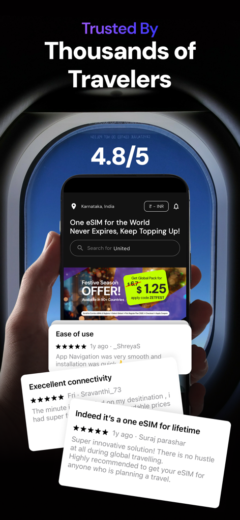 ZetSIM: Travel eSIM & Internet - ZetSIM travel eSIM app interface showing a 4.8 star rating and positive customer reviews over an airplane window background