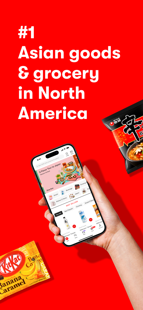 Yami: Shop All of Asia’s Best - Um smartphone mostrando a interface do aplicativo Yami para mercearia e lanches asiáticos contra um fundo vermelho.