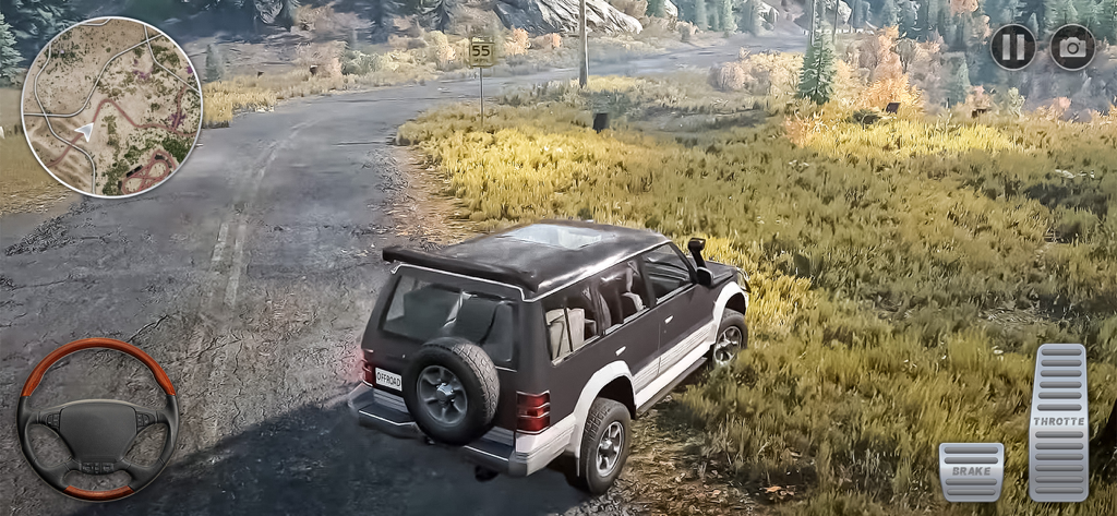 Offroad Jeep Xtreme Challenge - Gameplay screenshot of Offroad Jeep Xtreme Challenge showing a 4x4 SUV driving on a mountain path with on-screen controls
