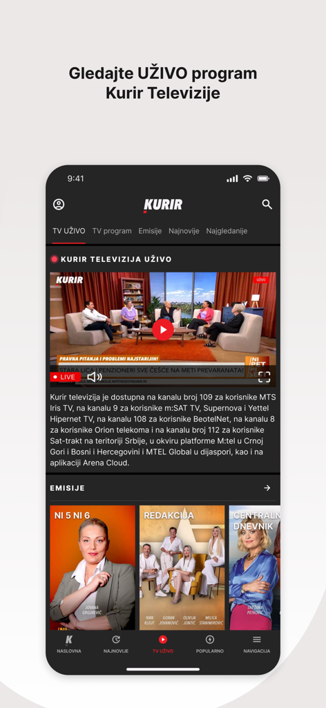 Kurir - Interfaz de la aplicación Kurir que muestra noticias de TV en vivo y segmentos de programas de entrevistas