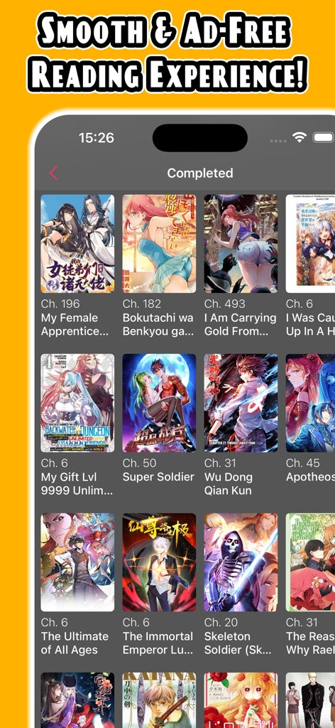 Manga Reader: Webcomic, Manhwa - Mobile app interface of Manga Reader displaying a list of completed manga and manhwa titles with cover art and chapter numbers