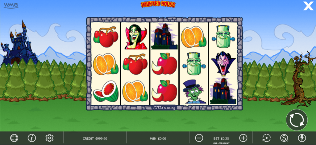 Gameplay screen of Haunted House slot game showing five reels with spooky characters and fruit symbols