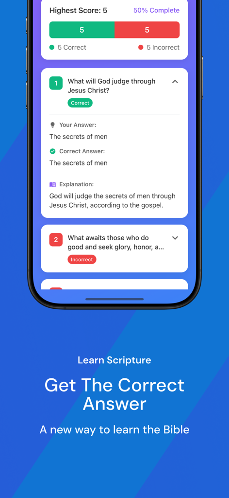 Bible Quiz: Yada - Interface do aplicativo Quiz Bíblico Yada mostrando perguntas de escrituras com respostas corretas e explicações