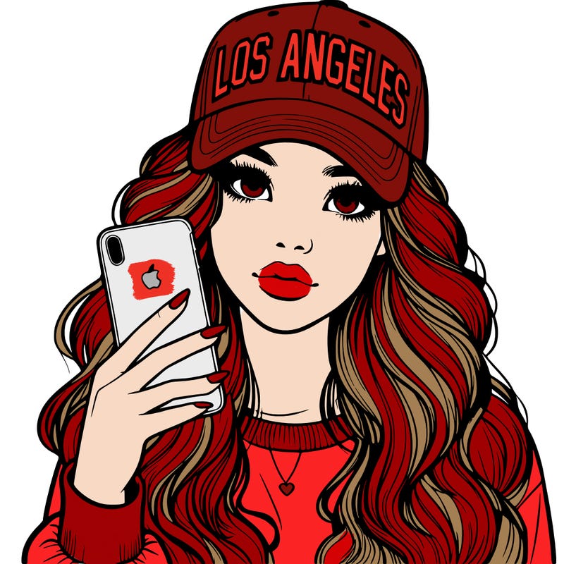 realistic beautiful girl wearing los ángeles cap holding an iphone