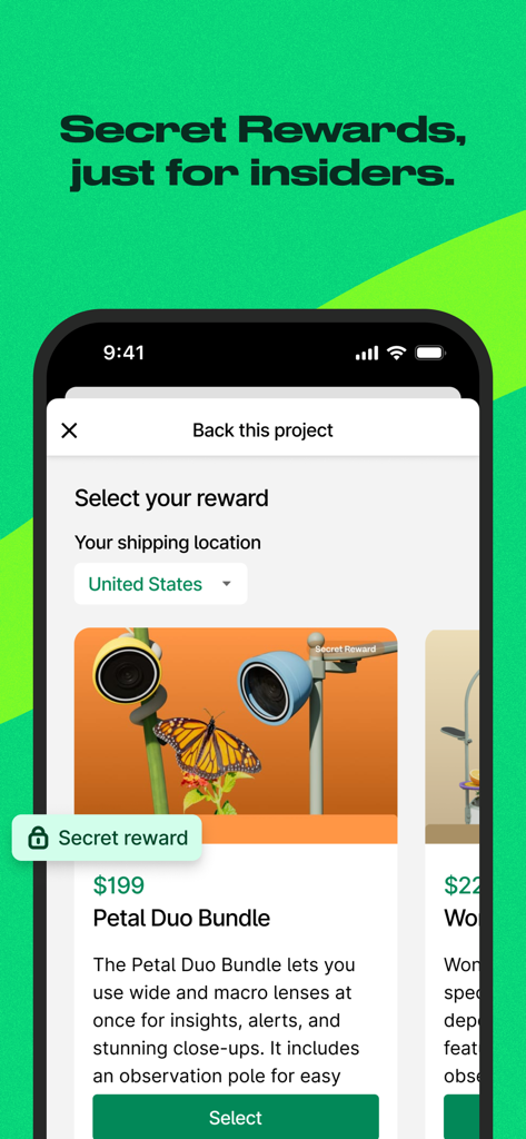 Kickstarter: Projects You Love - Kickstarter app interface showing a secret reward tier for an insider project backing