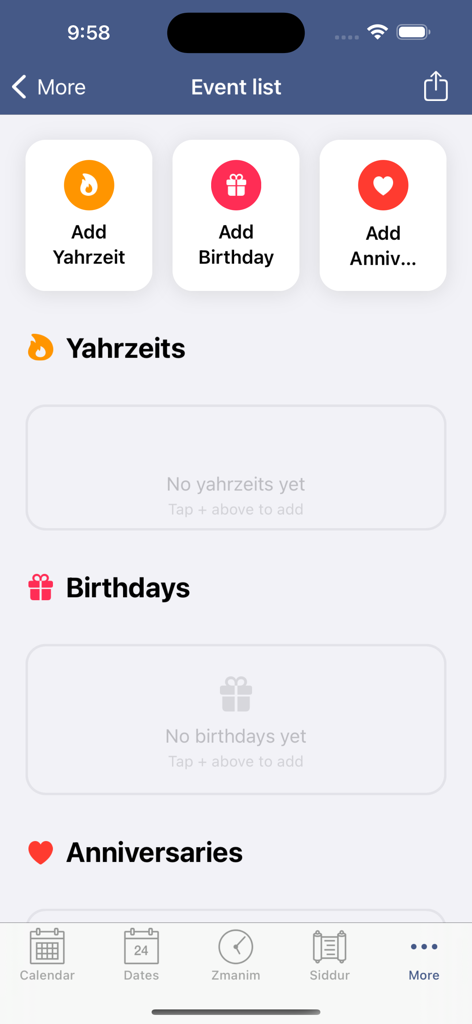 Hebrew Calendar - הלוח העברי - Pantalla de la aplicación Calendario Hebreo para gestionar recordatorios de Yahrzeit, cumpleaños y aniversarios