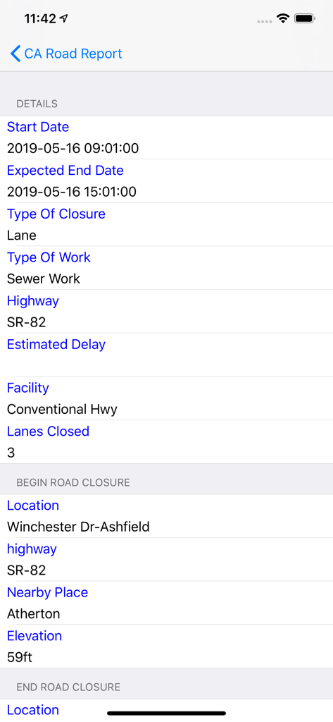 California Road Report - Detailed road closure information for highway SR-82 on the California Road Report mobile app.