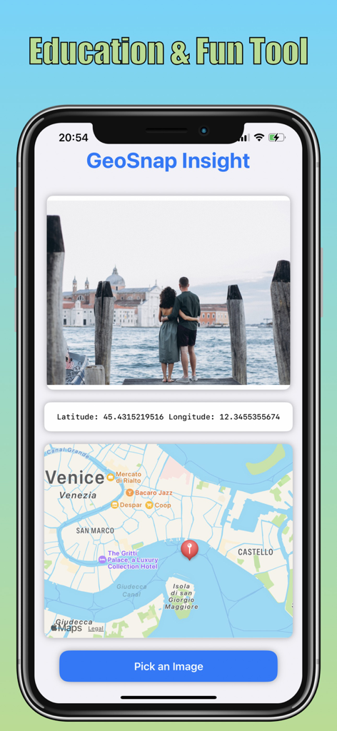 GeoSnap Insight - GeoSnap Insight app interface showing a photo of Venice being identified on a map with GPS coordinates