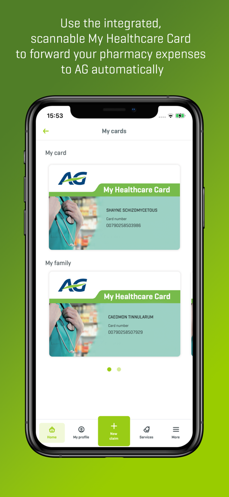 MyAG Employee Benefits - MyAG Employee Benefitsアプリが、ユーザーとその家族の仮想ヘルスケアカードをスマートフォン画面に表示しています。