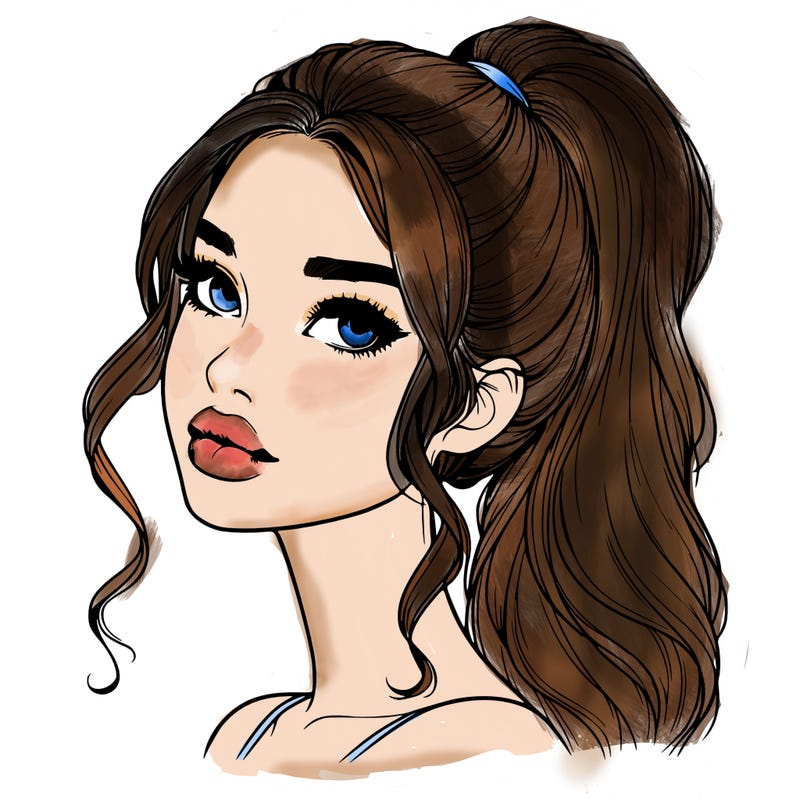realistic girl with a ponytail on her hair and lips