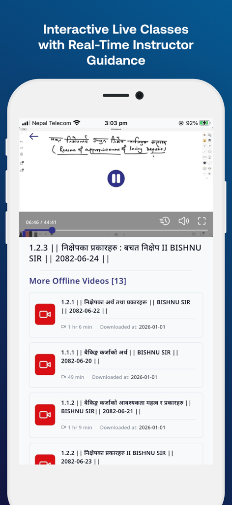 Udaan App - Mobile app screen showing an interactive live class video lesson and a list of offline study materials in English and Nepali