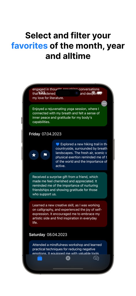 Diary+: Gratitude, Mindfulness - お気に入りの感謝ジャーナルエントリをフィルタリングするためのDiary plusアプリインターフェースを表示するスマートフォンの画面