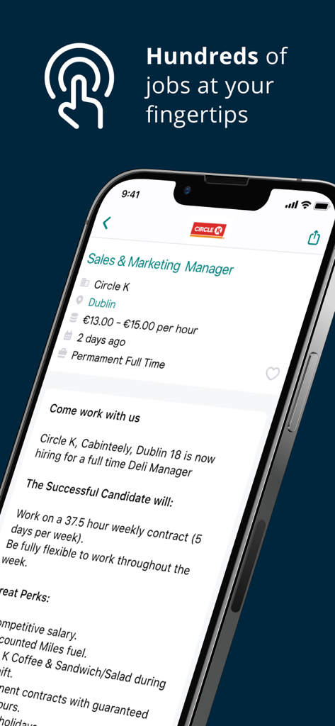 Jobs.ie app interface displaying a job listing for a manager position in Dublin