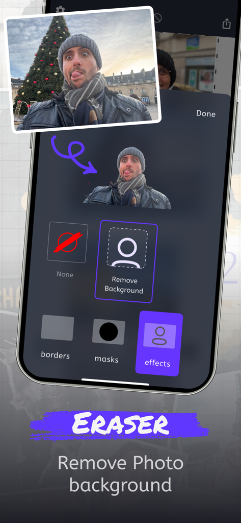JamWall: Live collage - Interface of the JamWall app showing the background removal tool and eraser feature for photo collages.