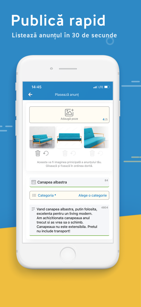 Interfaz de la aplicación móvil Publi24 para crear un anuncio clasificado con fotos y descripción de un sofá azul