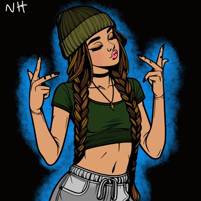 realistic teenage girl with braids and a beanie and crop top doing 🫶🏼