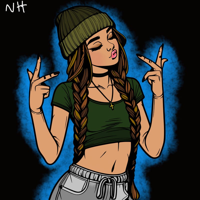 realistic teenage girl with braids and a beanie and crop top doing 🫶🏼