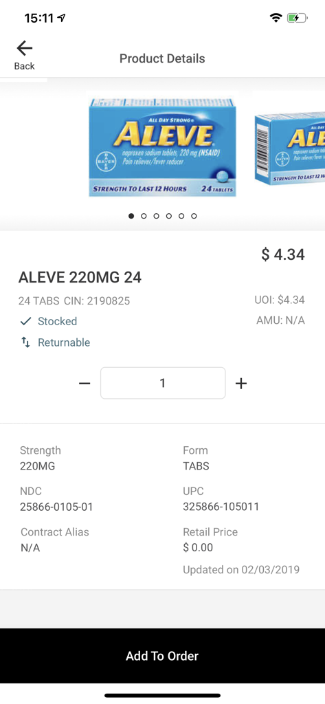 Product details page for Aleve 220mg showing pricing, stock status, and add to order button.