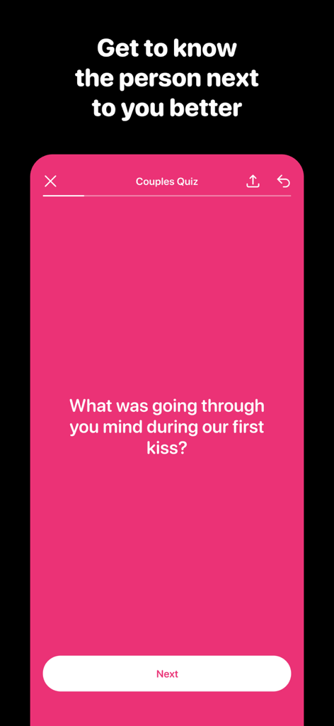 HH Talk - Deep Conversations - HH Talk app interface showing a romantic question for couples about their first kiss on a pink background.