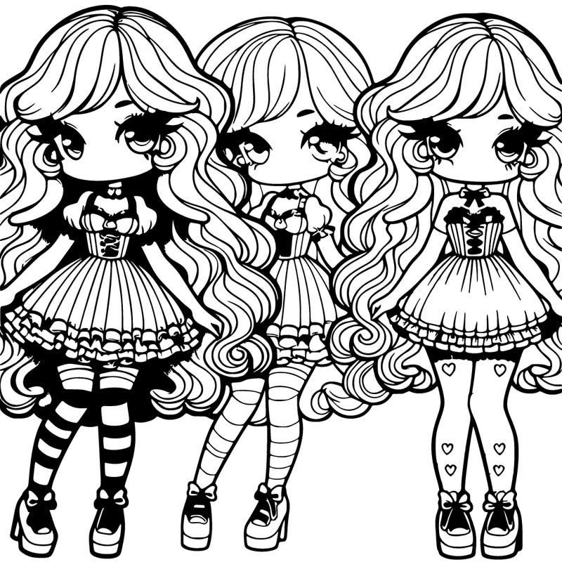 female with an hourglass waist,long sleek curly and wavy hair and sweet soft eyes with fluffy lashes, and a soft smile with lipstick,wearing a ruffled corset a cute short kawaii overall skirt with a hello kitty pattern and mismatch heart and stripe socks and doll platform shoes