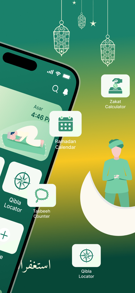 Taqwa Track mobile app interface showing prayer times Qibla locator and Zakat calculator features