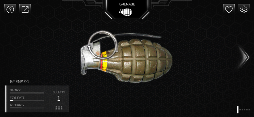 A realistic digital hand grenade displayed in the Real Gun app weapon menu
